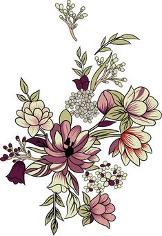 a bunch of flowers that are on top of each other in the middle of a white background