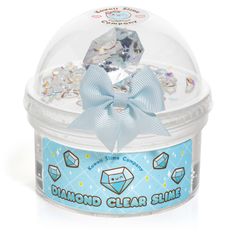 diamond clear slime in a plastic container with a bow on the front and bottom