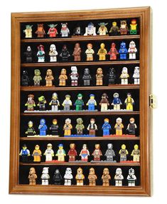 a wooden display case filled with lego minifigurs