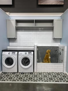 two washers and a dryer in a laundry room