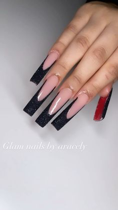 Red bottoms top black sugar frenchies French Tip Nails Red Bottoms, Long Black Red Bottom Nails, Black Top Red Bottom Nails, Black French Tip Nails Red Bottoms, Nail Ideas Red Bottoms, Black French Tips Red Bottoms, Black And Red Bottom Nails, Black French Tip With Red Under, Red Bottom Nails Short