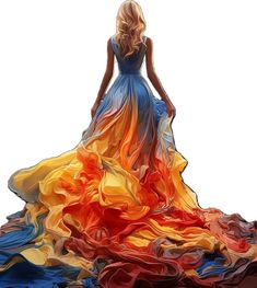 a woman in a colorful dress is standing on the ground with her back to the camera