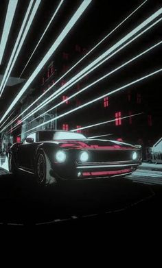 a car driving through a dark tunnel with light streaks on the floor and behind it