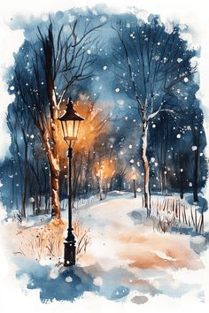 a watercolor painting of a street light in the snow with trees and bushes behind it