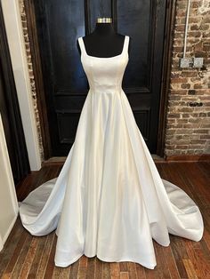 Simple Open Back White Satin Long Prom Dresses, Ivory Satin Long Formal Graduation Evening Dresses Simple Satin Wedding Dress, Long Bridal Gown, A Line Bridal Gowns, A Line Evening Dress, White Evening Dress, Womens Wedding Dresses, White Prom Dress, Wedding Dresses Satin, Long Prom Dresses