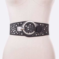 Width - 3" One Size / Stretch Belt Elastic Back Hook On Closure Wide Wide Belt Buckle Tags: Wide Waist Leather Western/ Cowboy Chain Corset Studded Vintage Rhinestone Crystal Buckle Bag Clincher Harness Suspenders Skinny Designer Elastic Stretch Chunky Black & Gold Belly Metal Chunky Metal Belt, Edgy Black Belt Buckles, Wide Studded Belt, Black Punk Belt With Rivets, Gucci Marmont Belt, Vintage Black Belt With Brass Buckle, Buckle Bags, Wide Leather Belt, Studded Belt