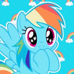 a rainbow pony with big eyes standing in front of a blue sky and rainbows