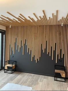 a room with wood slats on the wall