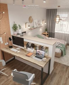 a computer desk with a laptop sitting on top of it next to a bed in a bedroom