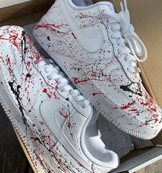 Make a bold statement with these Red Splatter Custom Air Force 1s! Take risks and stand out with their unique finish, and show the world you've got style. Perfect for risk takers and those who aren't afraid to stand out. 🔥 100% genuine, Brand New.👟 Custom sneakers.💫 Every pair is hand-made to order.✨ Best quality waterproof and scratch-proof paints used.✨ 1000+ satisfied customers across various platforms. 🌎Free worldwide shipping,shipping within 5-12 working days🎁 Treat the shoes as art as Air Force Custom, Nike Air Force One, Air Force 1s, Air Force 1 Custom, Custom Air Force 1, Cute Nike Shoes, Cute Nikes, Shoe Art, Custom Sneakers