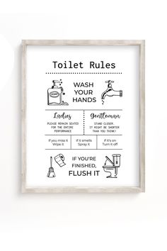 a bathroom rules poster hanging on the wall next to a toilet brush and soap dispenser