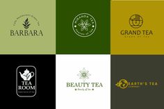 four different logos for tea company, including the logo for barbara and green tea