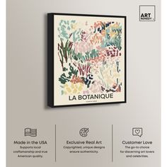 an art piece with the words la botanique on it and flowers in bloom