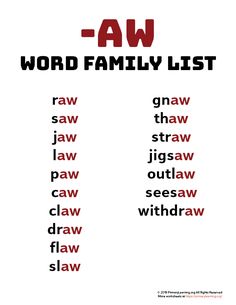 the word family list is shown in red and black, with different words on it