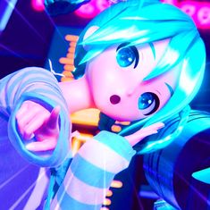 an animated girl with blue hair pointing her finger at something in front of her face