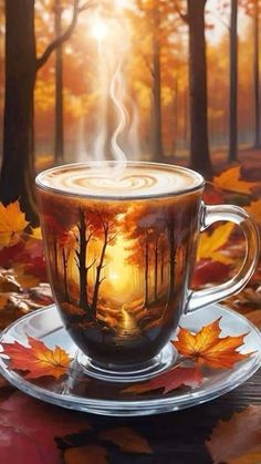 a coffee cup sitting on top of a saucer filled with liquid and autumn leaves