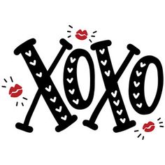 the word xoxo written in black and red ink with hearts coming out of it