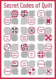 a red and white poster with the words secret codes of quilt on it's side