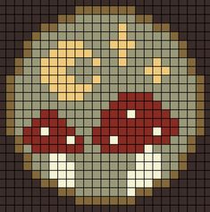 a cross stitch pattern with two red mushrooms on it's face and one green mushroom in the middle