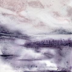 an abstract painting with water and trees in the distance, on a white background that appears to be overcast