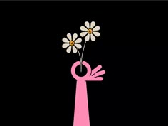 a pink hand holding three daisies in it's palm, with black background