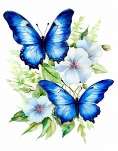 two blue butterflies with white flowers and green leaves on a white background, watercolor painting