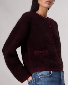 The Kaia. Slightly oversized for an easy fit, our crewneck cardigan is knit with a boucle blend of wool and alpaca and secured with petite metal buttons. Burgundy L Crewneck Cardigan, Going Out Looks, Eyewear Shop, Cardigan Sweaters, Athletic Fits, Metal Buttons, Rag & Bone, Cardigans For Women, Oversized Fits