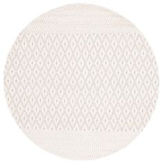 a round rug with white and beige geometric designs