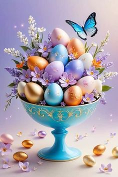 a blue bowl filled with lots of colorful eggs and flowers on top of a table