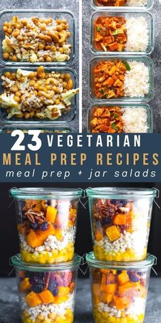 meal prepped in glass containers with text overlay that reads 25 vegetarian meal prep recipes