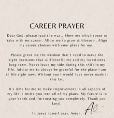 a piece of paper with the words career prayer written in it