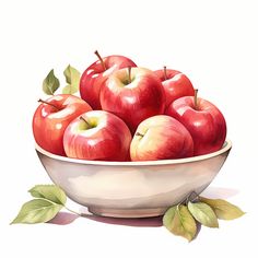 a painting of apples in a bowl with leaves