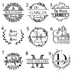 six different font styles for the family name and their names in black on white background