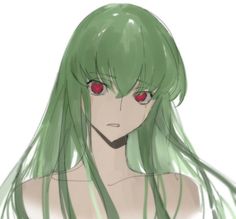 an anime character with green hair and red eyes