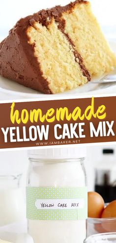 homemade yellow cake mix in a glass jar and on a white plate with the words homemade yellow cake mix