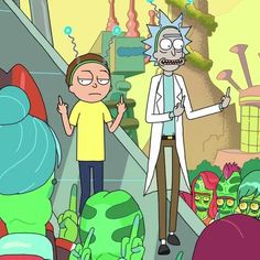 rick and mort on an escalator with plants in the background