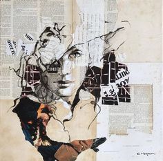 a collage of newspaper pages with an image of a woman's face on it