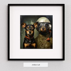 two dogs wearing goggles are standing next to each other in front of a white wall