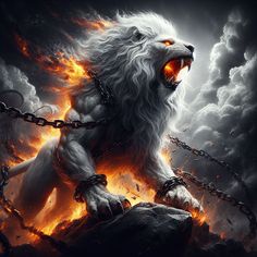 a white lion with chains on it's neck in front of a cloudy sky