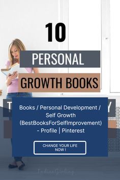 a woman standing in front of a window with the words, 10 personal growth books