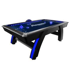 an image of a pool table with blue lights on the top and black legs, in front of a white background