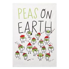 there is a sign that says peas on earth with little green houses and red hats