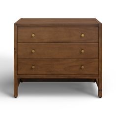 a wooden dresser with three drawers on one side and two knobs on the other