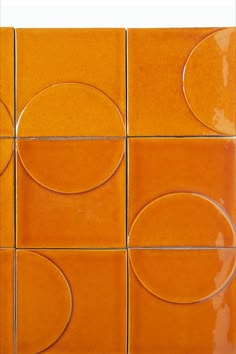 Arrangement of Relief tiles in Saffran Yellow from Smink Studio Terracotta Backsplash, 1970s Interior Design, New Terracotta, Relief Tile, Relief Tiles, Designer Tiles, Orange Tiles