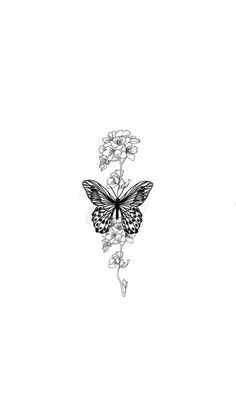 a black and white drawing of a butterfly with flowers on it's back side