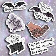 six stickers with different sayings on them, including one that says hello bats and the