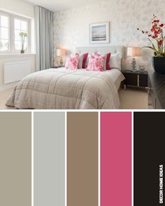 a bedroom with pink and grey colors in it