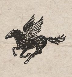 a drawing of a horse with wings on it's back, flying through the air