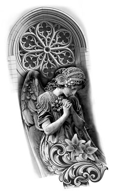 an angel statue with wings and flowers on it's side, in black and white