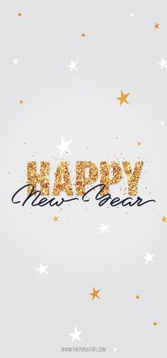 the words happy new year written in gold glitter on a light gray background with stars